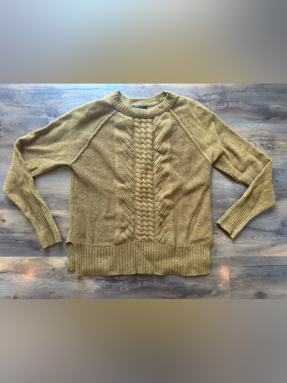 J.Crew 100% Wool Cable Knit Sweater Small Mustard Olive Crewneck Cozy